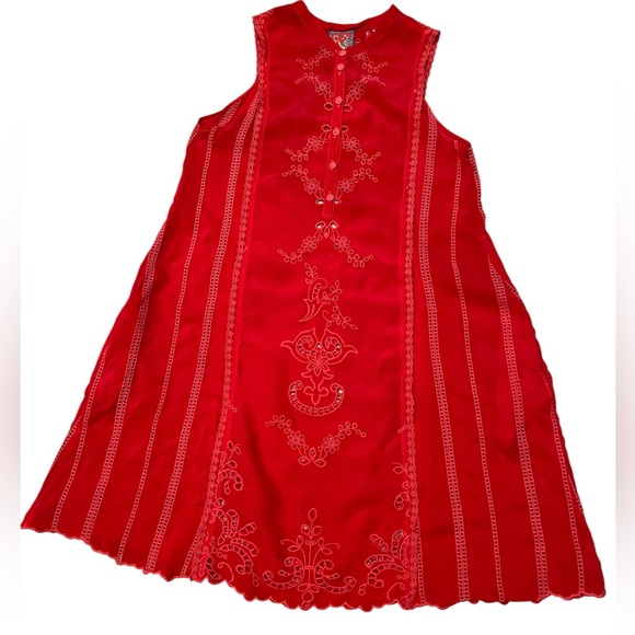 Johnny Was Bright Red Sleeveless Embroidered Eyelet Dress - Size L - Picture 4 of 8